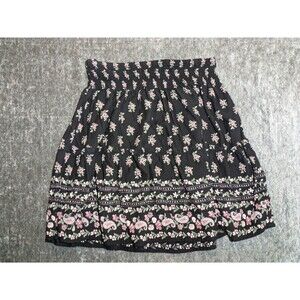 Black Floral Boho Mini Skirt Size Large Smocked Waist Hollister Ultra High Rise
